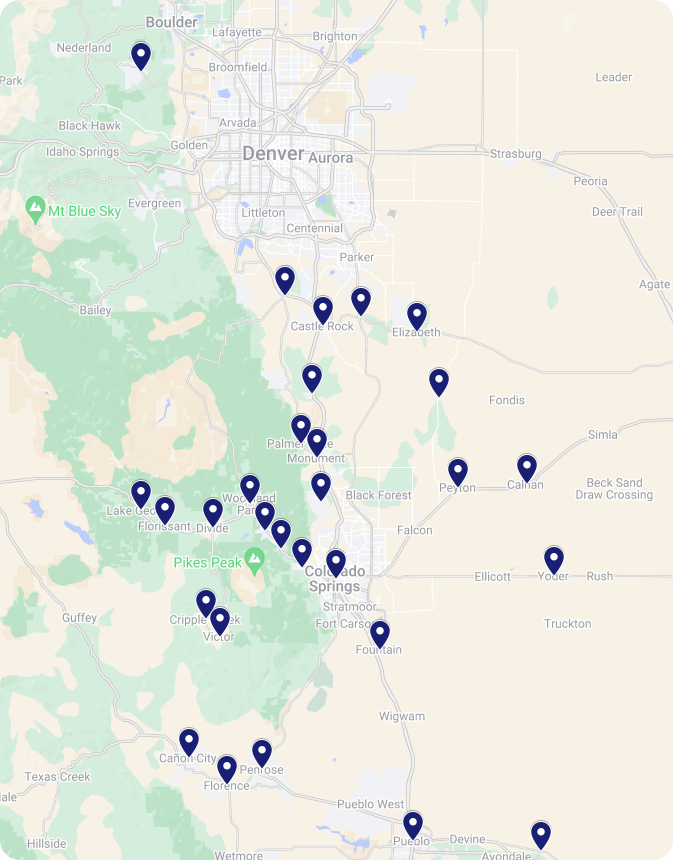 blue pins on a map in the denver area